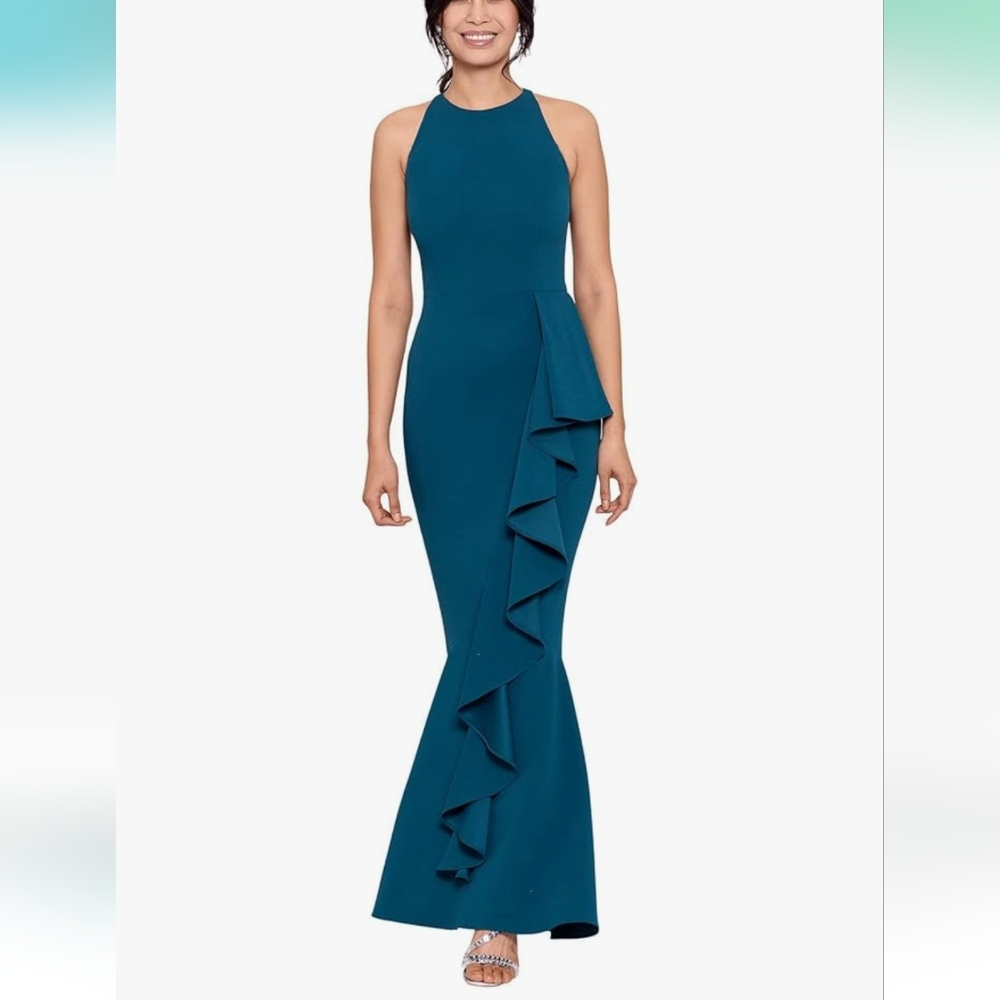 Betsy & Adam Halter Crepe Mermaid Gown Size 6